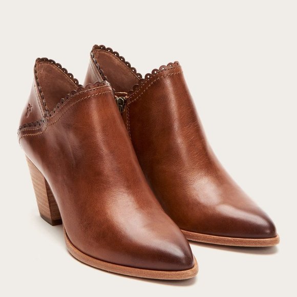 Frye Reed Scallop Cognac Leather Heeled Ankle Boot - Picture 2 of 16